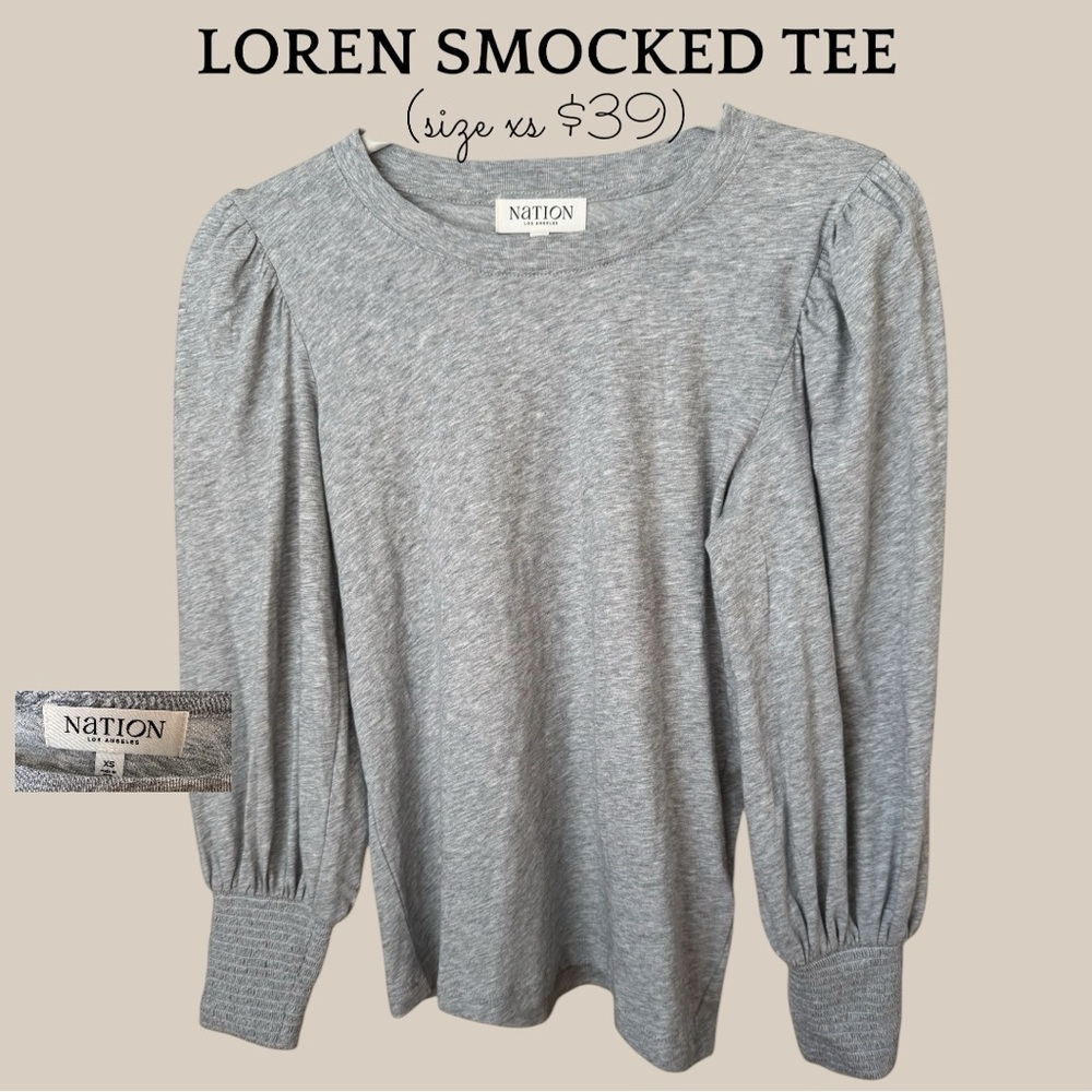 Nation LTD Loren Smocked Long Sleeve Tee in Heather Gray